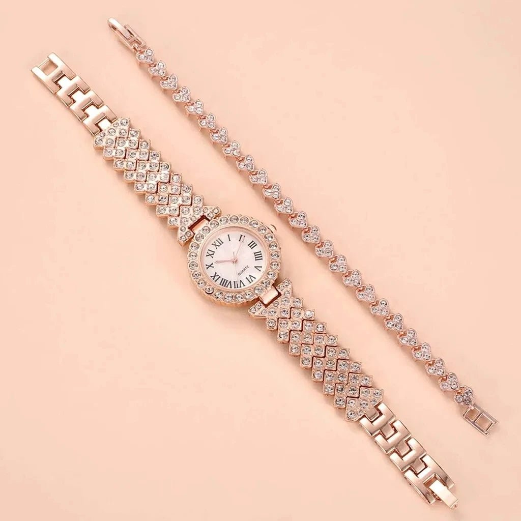 2pcs Women Rhinestone Rose Gold Watch Quartz