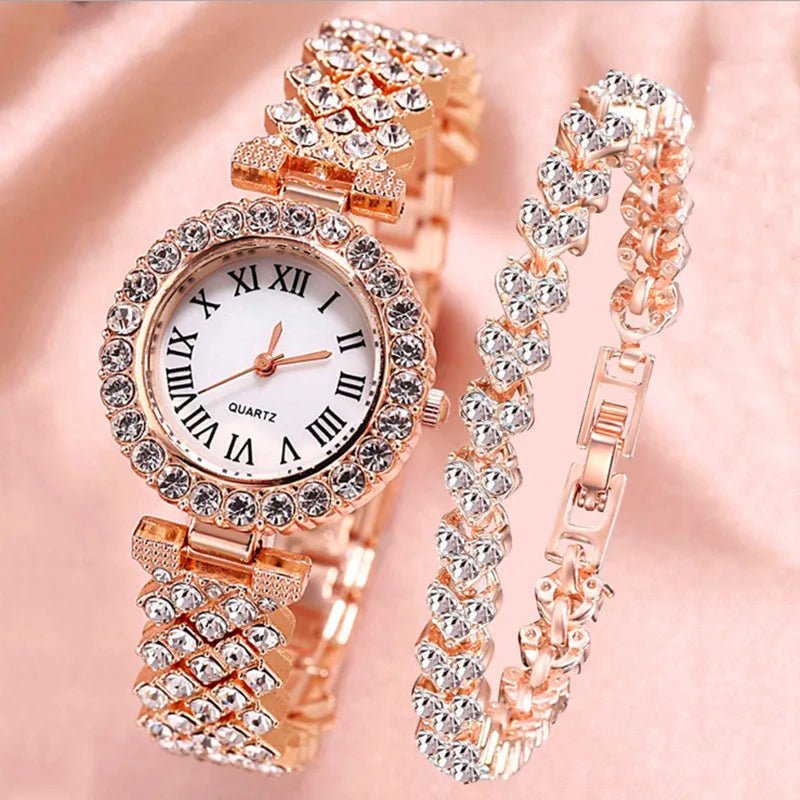 2pcs Women Rhinestone Rose Gold Watch Quartz