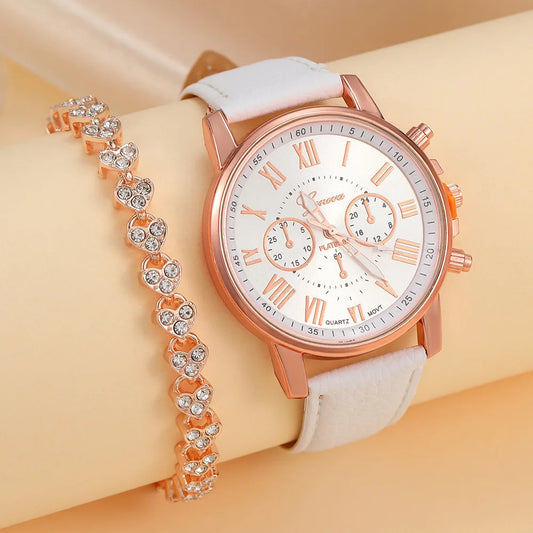 2PCS/Set Women's  Quartz Watches Gold Heart Bracelet Set