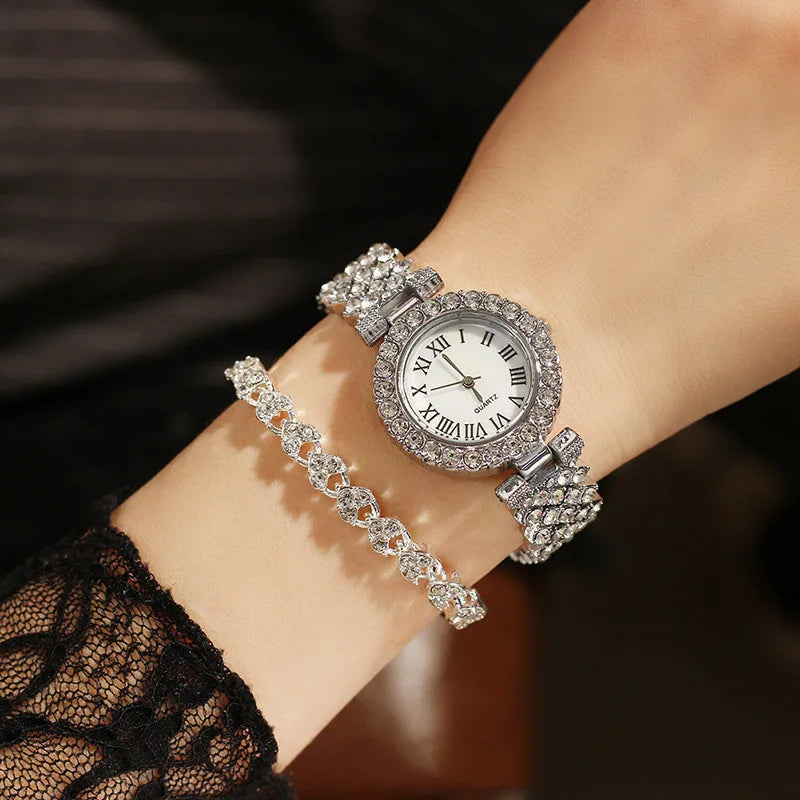 2pcs Women Rhinestone Rose Gold Watch Quartz