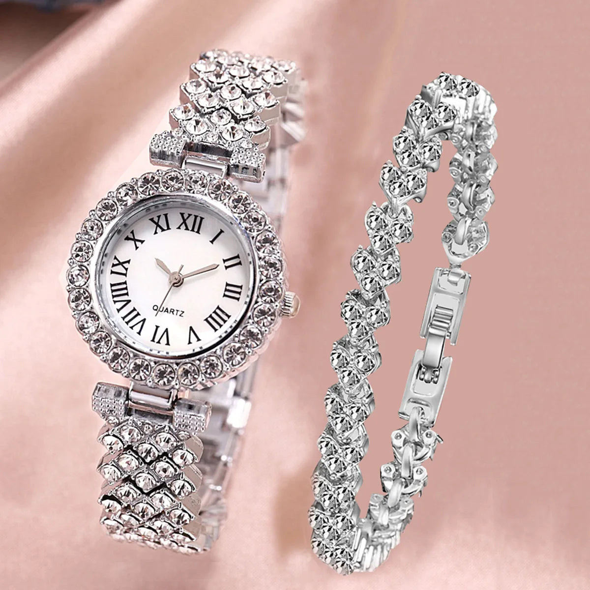 2pcs Women Rhinestone Rose Gold Watch Quartz