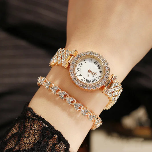 2pcs Women Rhinestone Rose Gold Watch Quartz