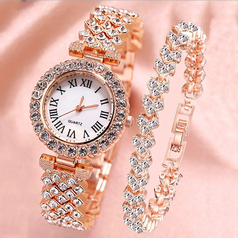 2pcs Women Rhinestone Rose Gold Watch Quartz